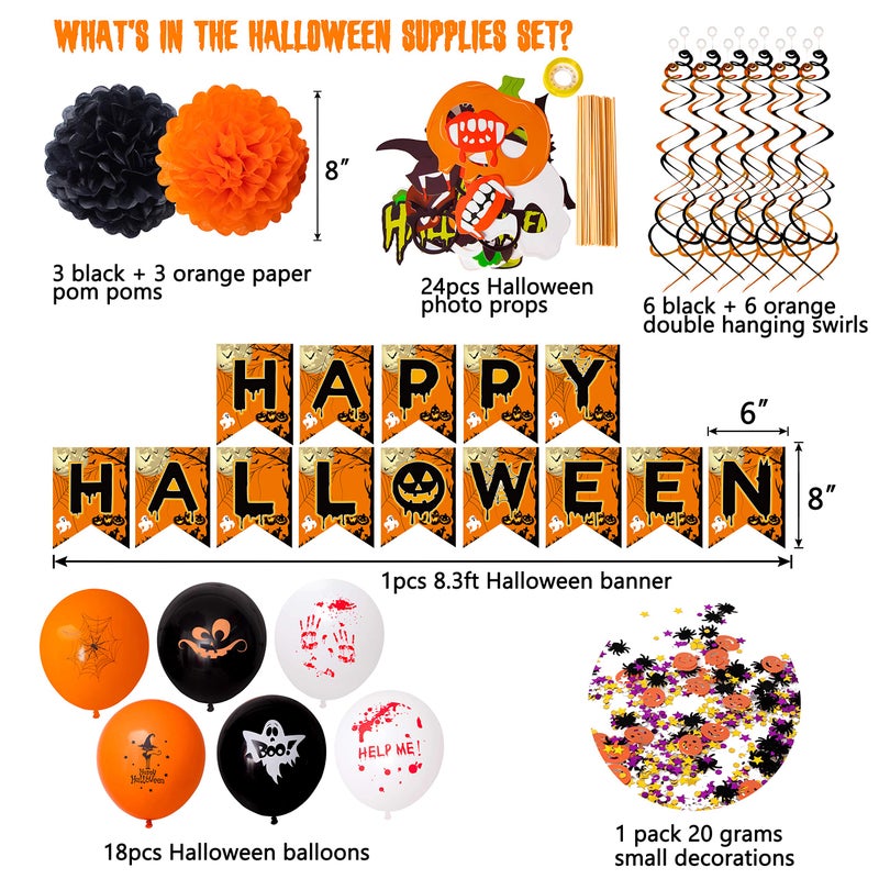 Moon Boat 62PCS Halloween Party Decorations Set - Hallowmas Photo Booth Props Banner Balloons Pom Poms Hanging Swirls Spider Pumpkin Ornaments Supplies - Image 3